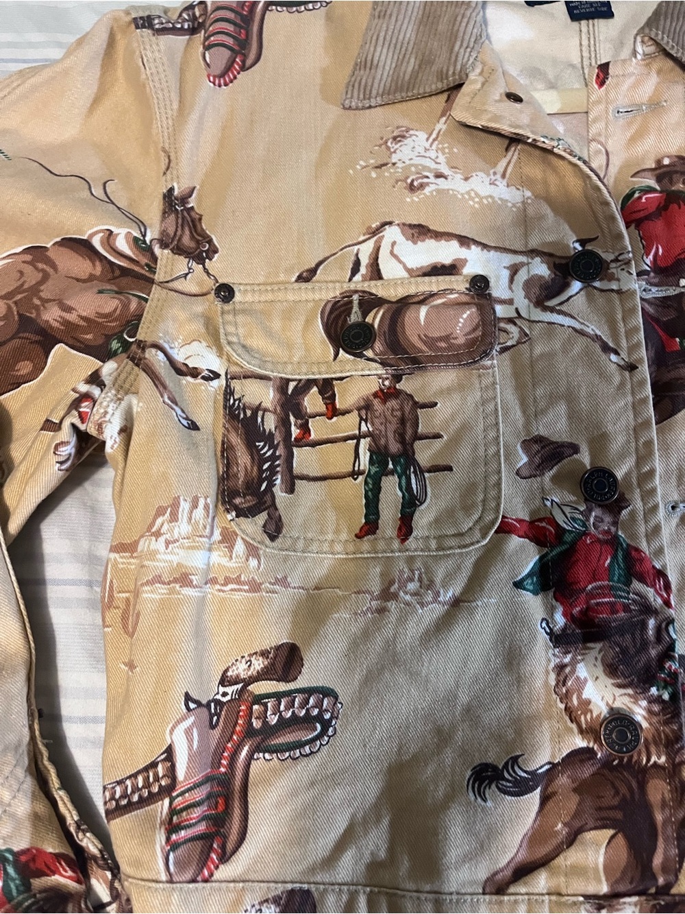 Rare Vintage Ralph Lauren Tan Western Rodeo Print Corduroy-Collar Jean Jacket - Picture 5 of 8
